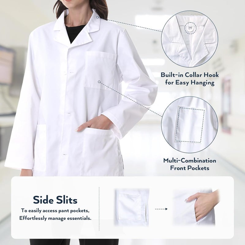Greenour Professional Lab Coat for Women Long Sleeve White Medical Coat Uniform with 3 Pockets, Size XS-XL - Image 3